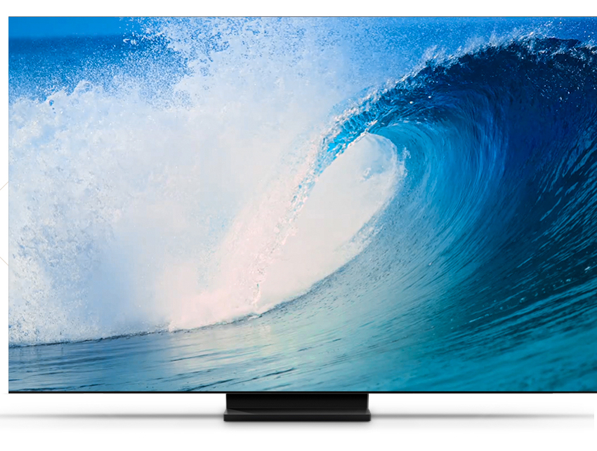 El televisor Samsung QLED con la tecnología 8K AI Upscaling muestra la imagen de las ondas que optimizaron una mejor calidad de imagen.