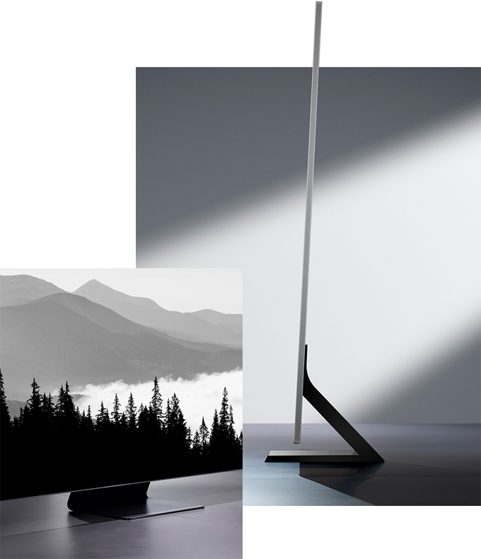 Dos fotos son sobre el diseño de la TV Samsung QLED. El diseño ultra delgado del QLED y el lateral del televisor QLED que es muy fino y con pantalla algo inclinada hacia atrás.